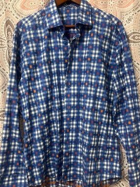 Bertigo Blue Plaid Long-Sleeve Men's Shirt with Orange Accents Size Large